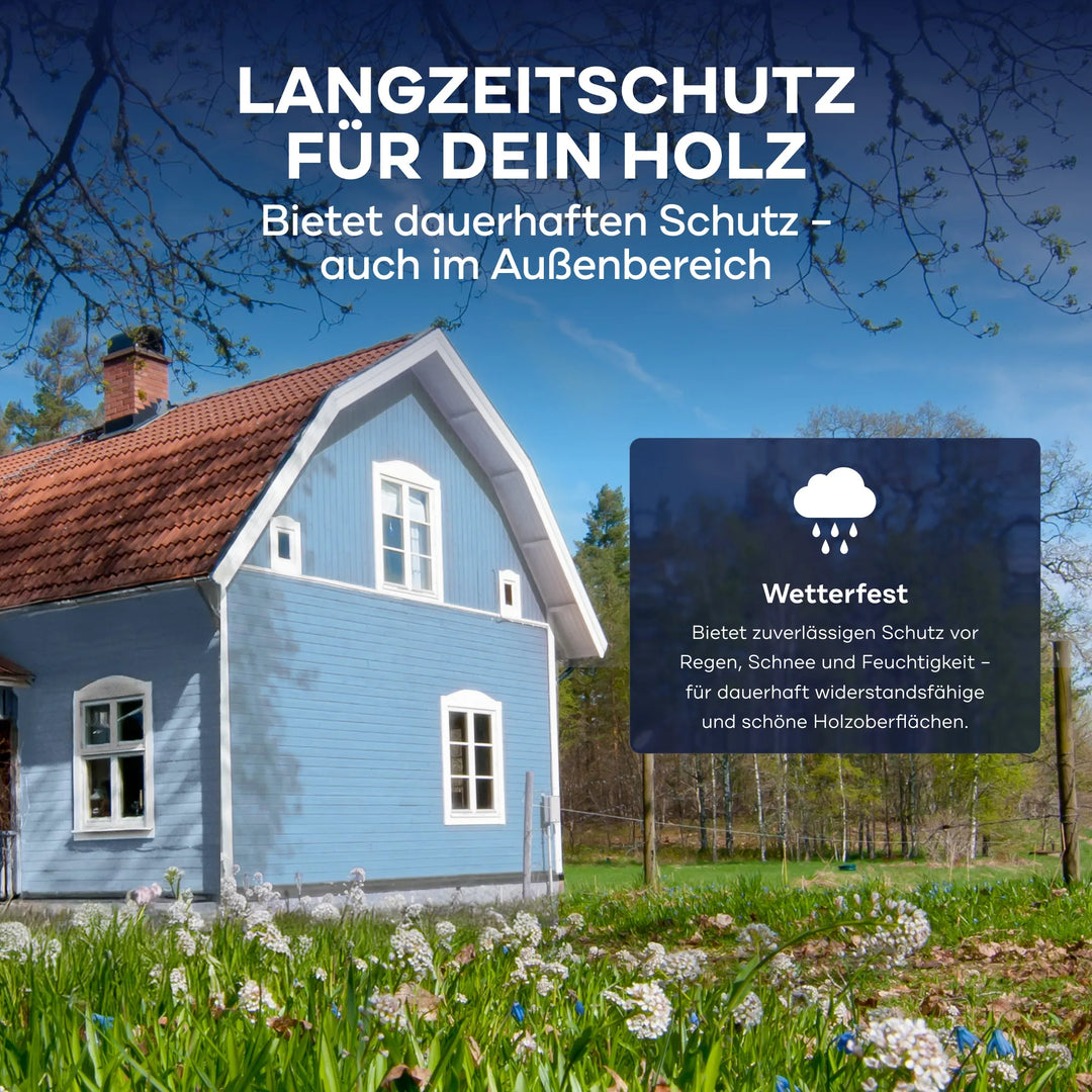 Ein blaues Holzhaus mit weißen Zierleisten steht in einem grünen Garten. Der Text darüber wirbt für das plid Holzfarbe - Anstreichset und hebt dessen dauerhaften, wetterfesten Schutz für Holzoberflächen im Außenbereich hervor.