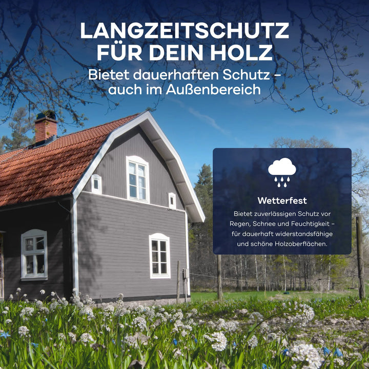 Ein graues Holzhaus mit weißer Umrandung steht in einer grünen Wiese. Text oben wirbt für plid Holzfarbe - Anstreichset für dauerhaften, wetterfesten Außenschutz - ideal für alle Holzoberflächen.