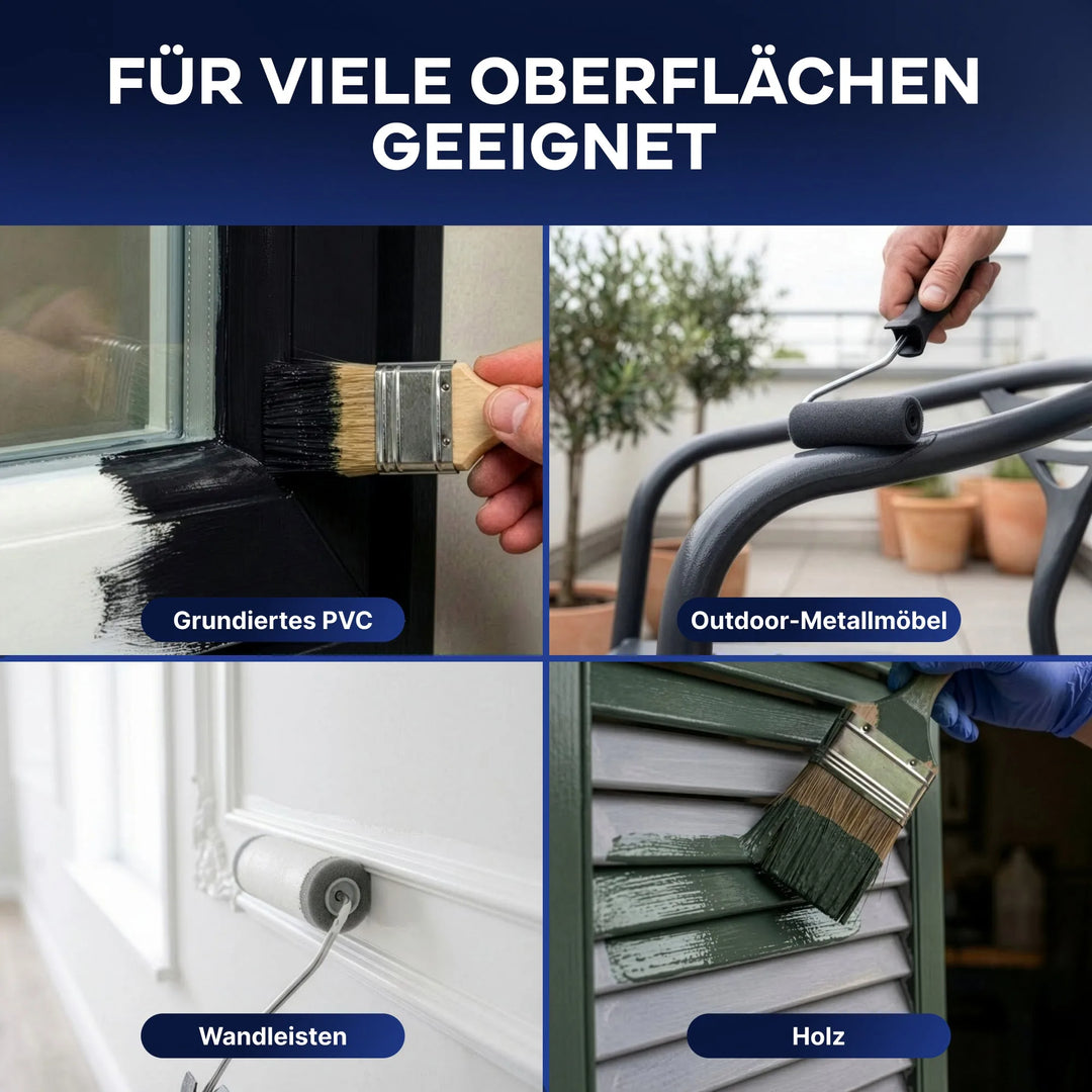 Vier Bilder zeigen die Lackierung eines PVC-Fensterrahmens, eines Metallstuhlrahmens, einer Fußleiste und von Holzfensterläden. Plid® Möbellack Innen &amp; Außen von plid ist ein farbiger Lack für Möbel und Holz, geeignet für viele Oberflächen im Innen- und Außenbereich.