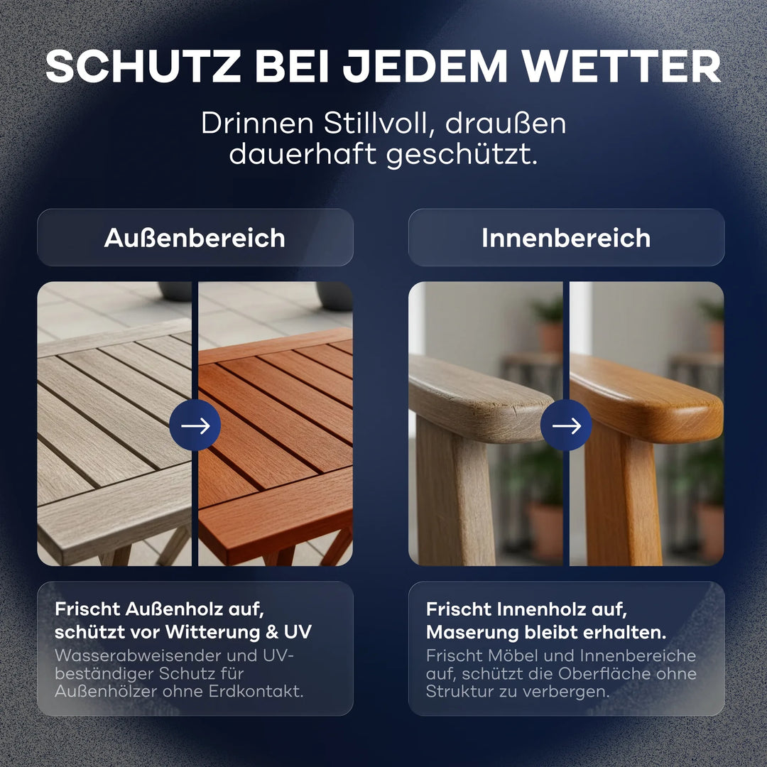Zwei Fotos: Links ein wetterfester Outdoortisch dank plider Holzlasur für innen &amp; außen, rechts ein sauberer Stuhl. Text oben: Plid Holzlasur - wetterfest &amp; atmungsaktiv - Holzschutz für drinnen und draußen.