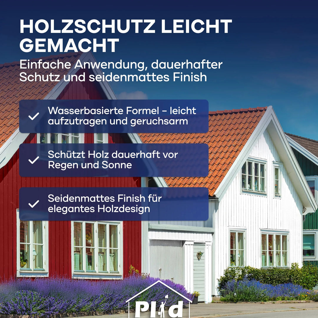 Zwei Häuser mit roter und weißer Fassade unter blauem Himmel. Overlay-Text hebt die Vorteile von plid Holzfarbe - Anstreichset hervor: wasserbasierte, wetterbeständige, geruchsarme, seidenmatte Oberfläche. Plid-Logo am unteren Rand.