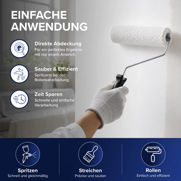 Einfache Anwendung: Eine Hand im weißen Handschuh rollt Farbe an eine Wand. Textfelder nennen Direkte Abdeckung für ein perfektes Ergebnis mit nur einem Anstrich, Sauber &amp; Effizient sowie Zeit Sparen. Unten die Symbole Spritzen, Streichen und Rollen.