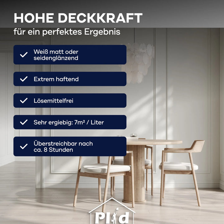 Moderne Essecke mit rundem Holztisch, hellen Stühlen, weiße Wände mit plid Latexfarbe gestrichen - Anstreichset. Overlay: strapazierfähige Innenfarbe - ideal für Küche &amp; Bad, hohe Deckkraft, extra Haftung, lösemittelfrei &amp; schnell überstreichbar.