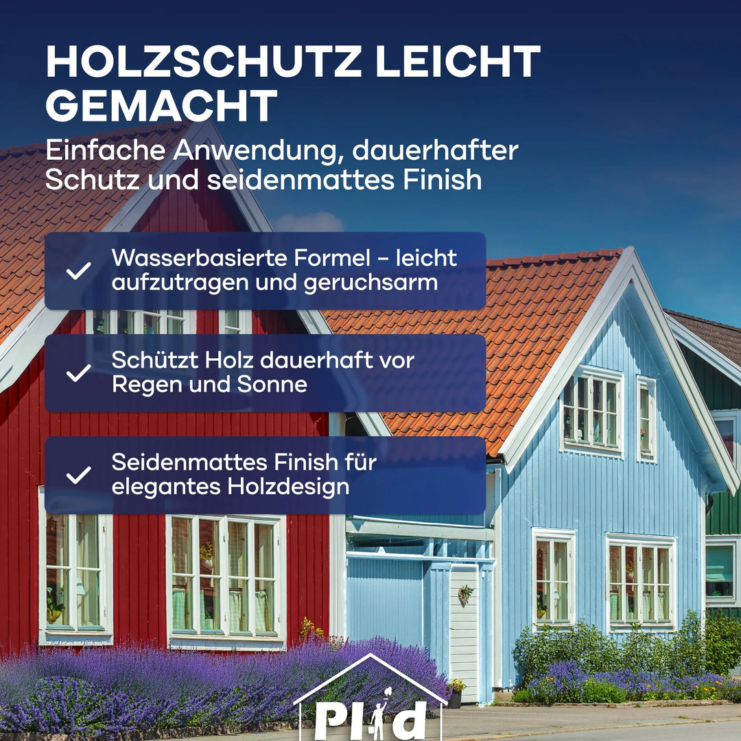 Zwei Holzhäuser, ein rotes und ein blaues mit weißem Rand, stehen unter einem blauen Himmel. plid Holzfarbe - Anstreichset bietet eine leicht zu verarbeitende, wasserbasierte Farbe mit seidenmatter Oberfläche für dauerhaften Holzschutz und eleganten Stil.