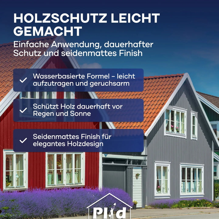 Zwei skandinavische Holzhäuser in Rot und Grau stehen vor blauem Himmel. Davor blüht Lavendel. Über dem Bild werden die Vorteile des plid Holzfarbe - Anstreichsets für wirksamen Holzschutz und hochwertige Farbe präsentiert.