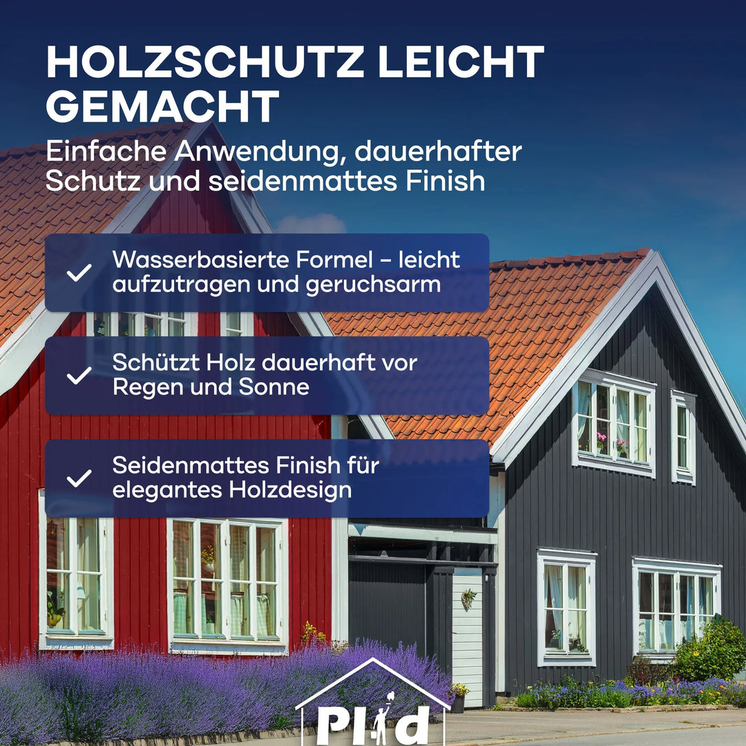 Werbegrafik für plid Holzfarbe - Anstreichset: Zwei bunte Holzhäuser, Text mit Vorteilen wie "wasserbasierte Farbe", "Schutz vor Regen/Sonne" und "seidenmattes Finish". Perfekt kombiniert im praktischen Anstreichset.
