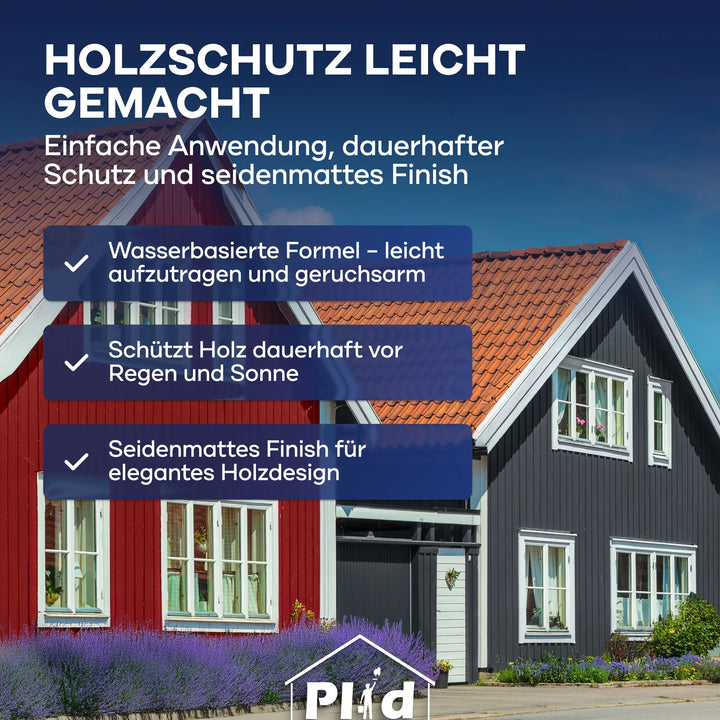 Werbegrafik für plid Holzfarbe - Anstreichset: Zwei bunte Holzhäuser, Text mit Vorteilen wie "wasserbasierte Farbe", "Schutz vor Regen/Sonne" und "seidenmattes Finish". Perfekt kombiniert im praktischen Anstreichset.