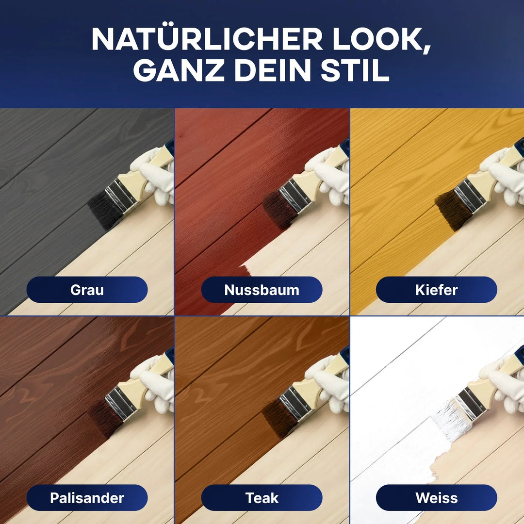 Sechs Tafeln zeigen Holzbretter in den Farben Grau, Nussbaum, Kiefer, Palisander, Teak und Weiß. Eine behandschuhte Hand sorgt mit plid Holzlasur für innen &amp; außen - wetterfest &amp; atmungsaktiv für optimalen Holzschutz. Kopfzeile: Natürlicher Look, ganz dein Stil.