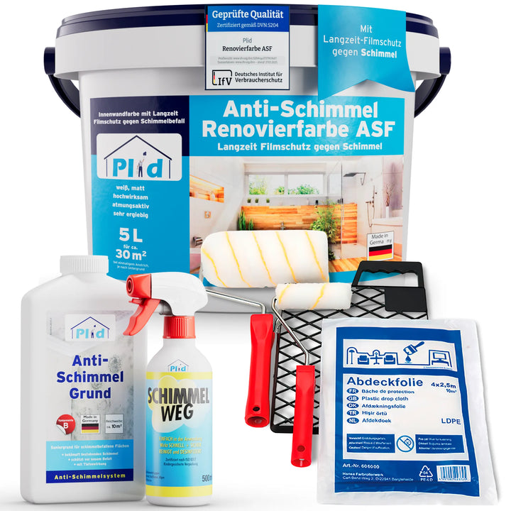 Set mit 5 l Plid Anti-Schimmel-Farbe, Anti-Schimmelgrund, Anti-Schimmelspray, Rolle mit Ablage und Abdeckfolie