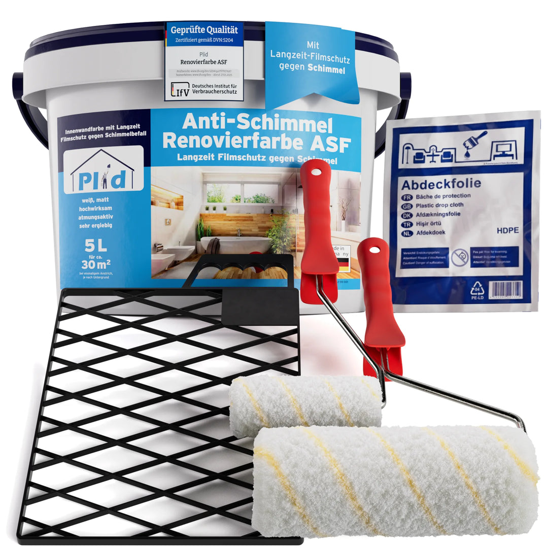 Streichset mit 5-Liter-Eimer Plid Anti-Schimmel-Farbe, Farbwanne, zwei Rollen und Abdeckfolie