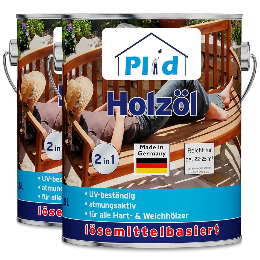 Abgebildet sind zwei Dosen von plid Holzöl natürlich &amp; pflegend für Holz innen &amp; außen. Das Etikett zeigt eine Person auf einem Holzstuhl, die deutsche Flagge und einen Text über UV-Beständigkeit, Atmungsaktivität und Pflege für Gartenmöbel und Hartholzschutz.