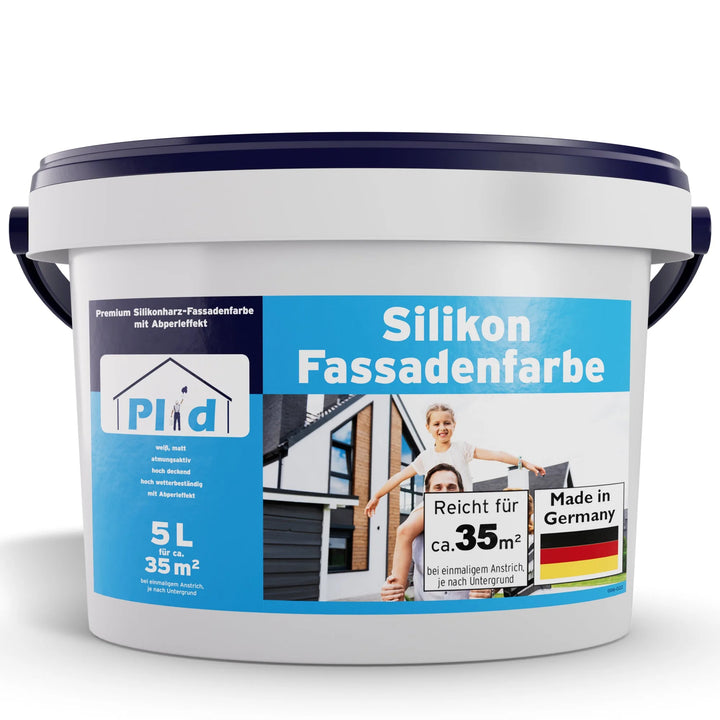 Ein weißer 5L "plid Silikon-Fassadenfarbe wasserabweisend &amp; atmungsaktiv" Eimer zeigt ein lächelndes Paar vor einem Haus. Das Etikett hebt Wetterschutz und Abperleffekt hervor, umfasst 35 m², ist in Deutschland hergestellt und zeigt die deutsche Flagge.