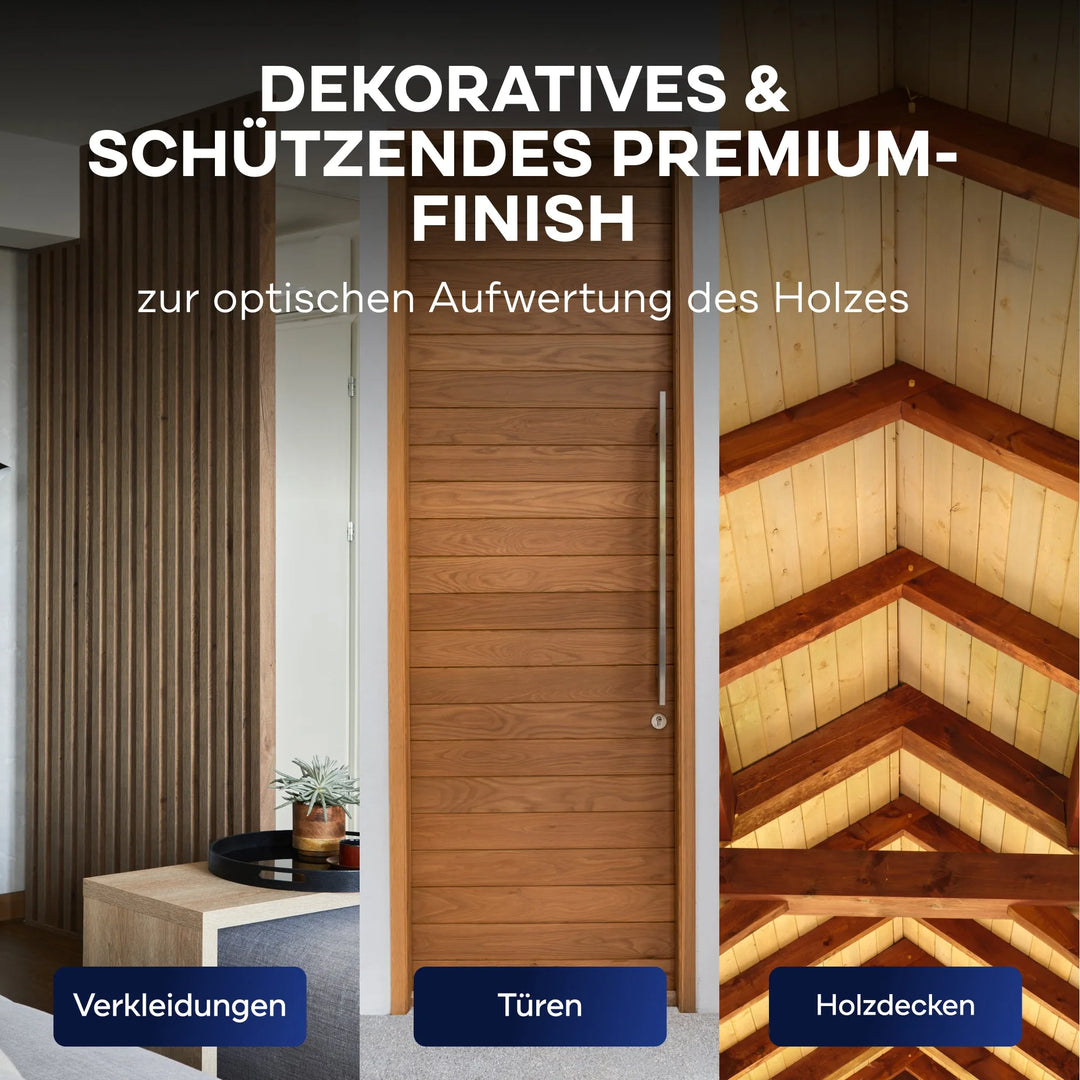 Ein Werbebild für plid Holzlasur für innen &amp; außen von plid zeigt Wandpaneele, eine moderne Tür und eine holzgetäfelte Decke. Der Text hebt die wetterfeste und atmungsaktive Formel für dekorative und schützende Holzlasuren hervor.