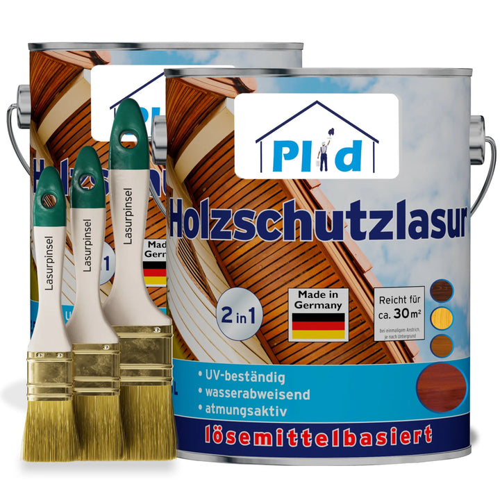 Drei Pinsel aus dem plid Holzschutzlasur - Pinselset sind vor zwei großen Dosen mit der Aufschrift Holzschutz außen platziert. Die Dosen zeigen ein Hauslogo und weisen auf Vorteile wie UV-Schutz und wasserabweisende Eigenschaften hin.