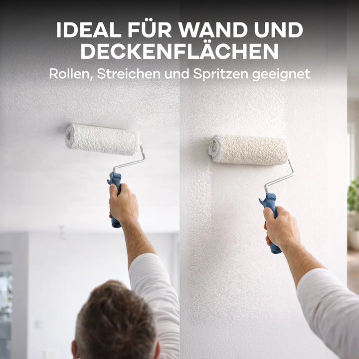 Eine Person trägt mit einer Rolle plid Latexfarbe - Anstreichset auf Wand und Decke auf. Die Innenfarbe ist robust, ideal für Wände und Decken, geeignet zum Rollen, Streichen und Sprühen.