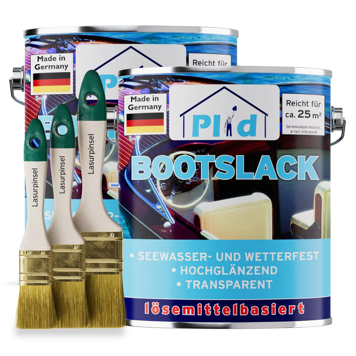 Das Set "Bootslack - Anstreichset" von plid enthält drei Pinsel und zwei Dosen seewasser- und wetterfesten, hochglänzenden, transparenten Lack auf Lösungsmittelbasis für Boote mit deutschem Label.