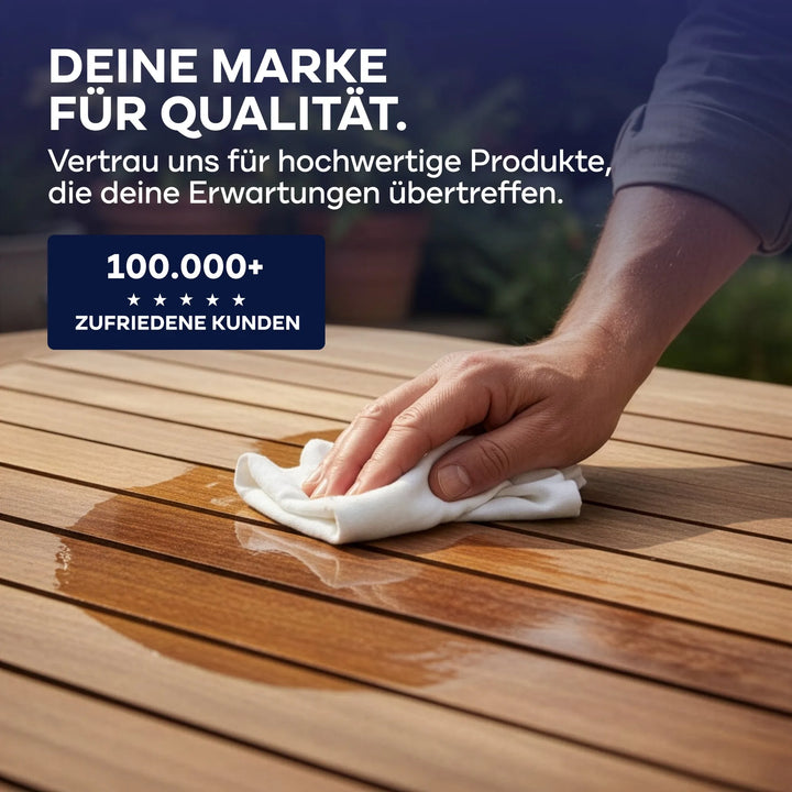Eine Hand poliert einen Holztisch mit einem weißen Tuch. Der deutsche Text wirbt für plid Holzöl - Anstreichset für Qualitätspflege, Vertrauen und über 100.000 zufriedene Kunden.