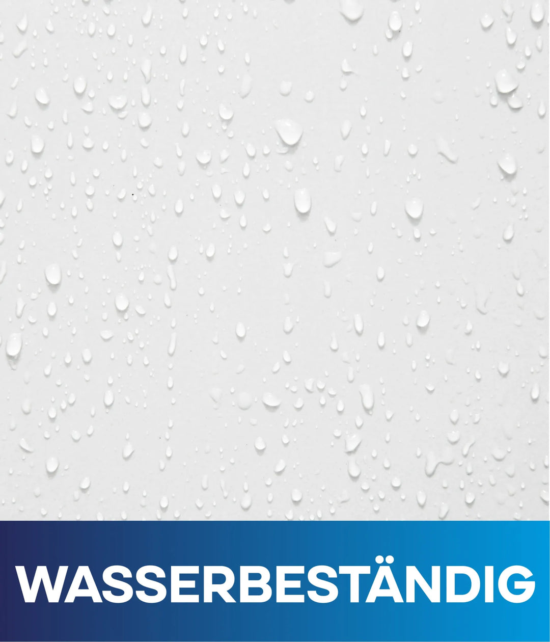 Auf einer weißen Fläche mit eingestreuten Wassertropfen ist plid Silikon Fassadenfarbe - Anstreichset - Abdeckvlies abgebildet. Auf einem blauen Banner mit Farbverlauf am unteren Rand steht in fetten, weißen Großbuchstaben "WASSERBESTÄNDIG".