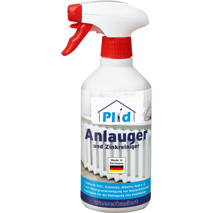 Eine weiße Plid-Sprühflasche mit der Aufschrift "Plid Anlauger - reinigt &amp; entfettet Holz, Metall &amp; Zink" und einer roten Düse. Blauer Text weist auf die wasserbasierte Formel als idealen Entfetter hin. Das Etikett zeigt einen Heizkörper und eine Made in Germany-Flagge.