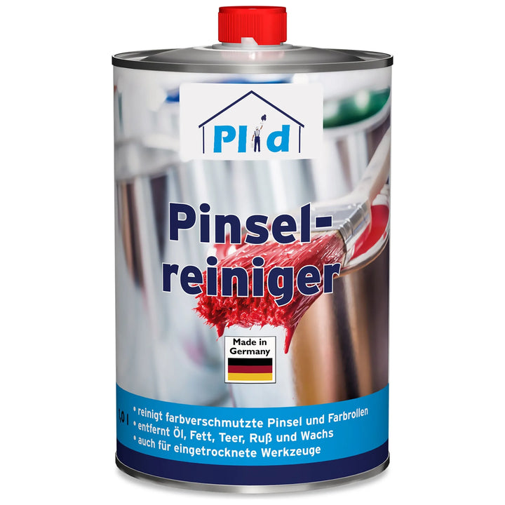 Eine Metalldose von plid Pinselreiniger - löst Lack- &amp; Farbrückstände effektiv, mit rot-gekapptem Ausguss, Pinselbild, deutschem Text und Made in Germany-Etikett - ideal für Pinselreinigung und Malerwerkzeug reinigen.