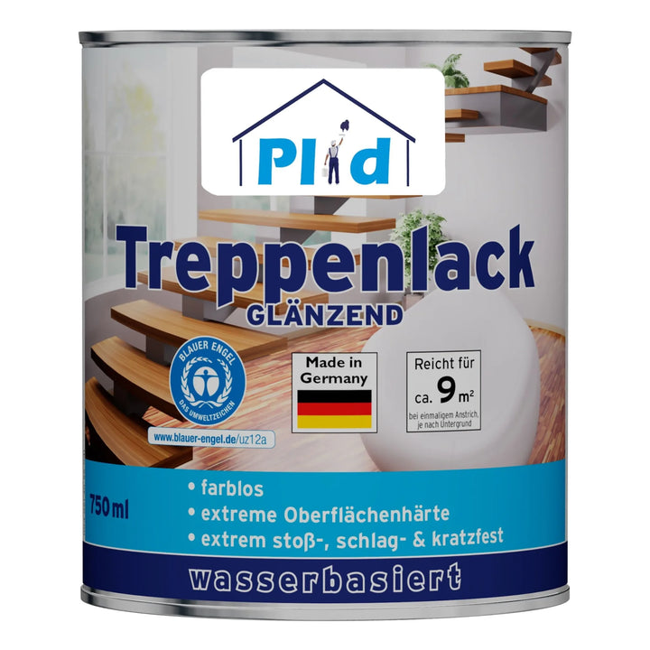 Eine Dose plid Plid Treppenlack - strapazierfähig &amp; schnell trocknend, ein wasserbasierter, farbloser deutscher Treppenlack mit hoher Strapazierfähigkeit und rutschhemmenden Eigenschaften, deckt 9 m² ab und steht vor schlanken modernen Holztreppen.