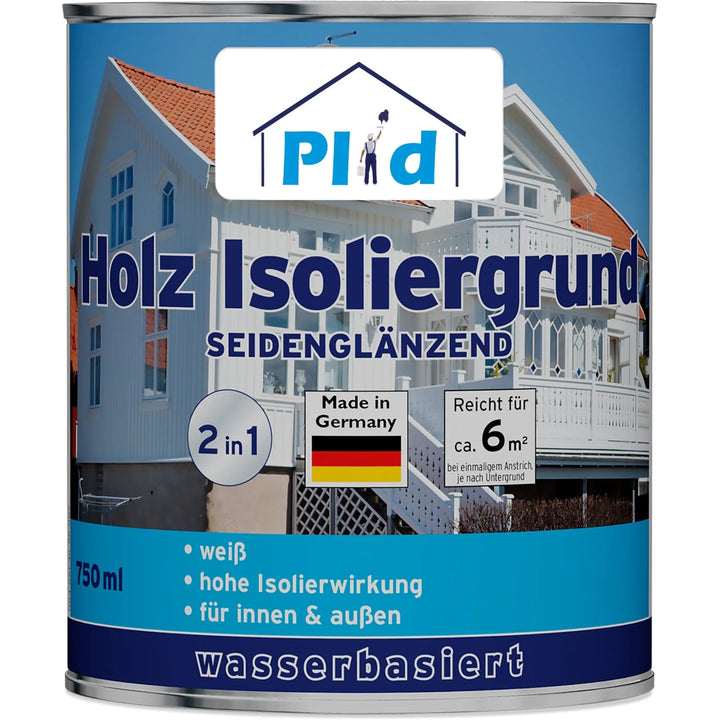 Eine 750-ml-Dose plid Holz-Isoliergrund - gegen Holzinhaltsstoffe &amp; Verfärbungen, weiße Holzgrundierung auf Wasserbasis für den Innen- und Außenbereich. Deckt 6 m² ab. Deutsches Etikett mit Hausmotiv und Flagge.