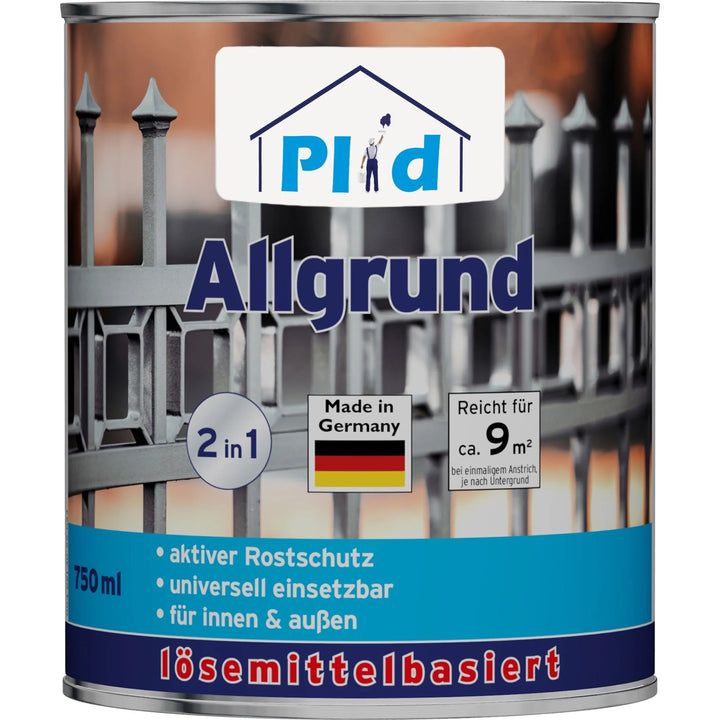 Eine 750-ml-Dose plid Allgrund - Universal-Haftgrund für Metall, Holz &amp; Kunststoff, eine lösemittelhaltige Grundierung mit Korrosionsschutz für den Innen- und Außenbereich. Mit Metallzaunmotiv, "Made in Germany"-Plakette und blauem 2-in-1-Symbol.