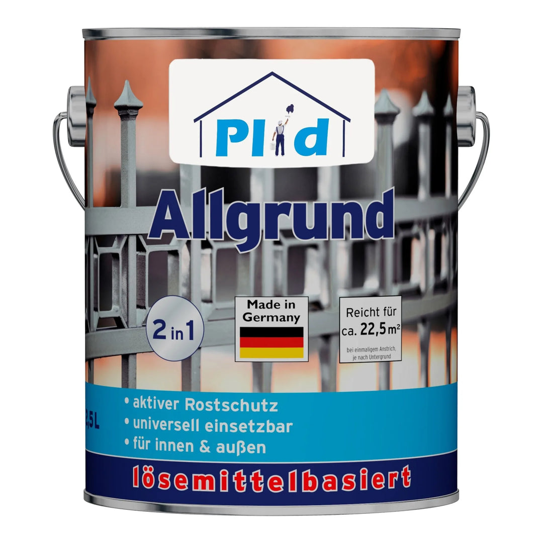 Eine plid Allgrund-Dose, eine Universalgrundierung für Metall, Holz und Kunststoff mit deutschem Text, der den Korrosionsschutz hervorhebt. 2-in-1-Grundierung &amp; Decklack, lösemittelhaltig, Made in Germany. Blaues, weißes und metallisches Design.