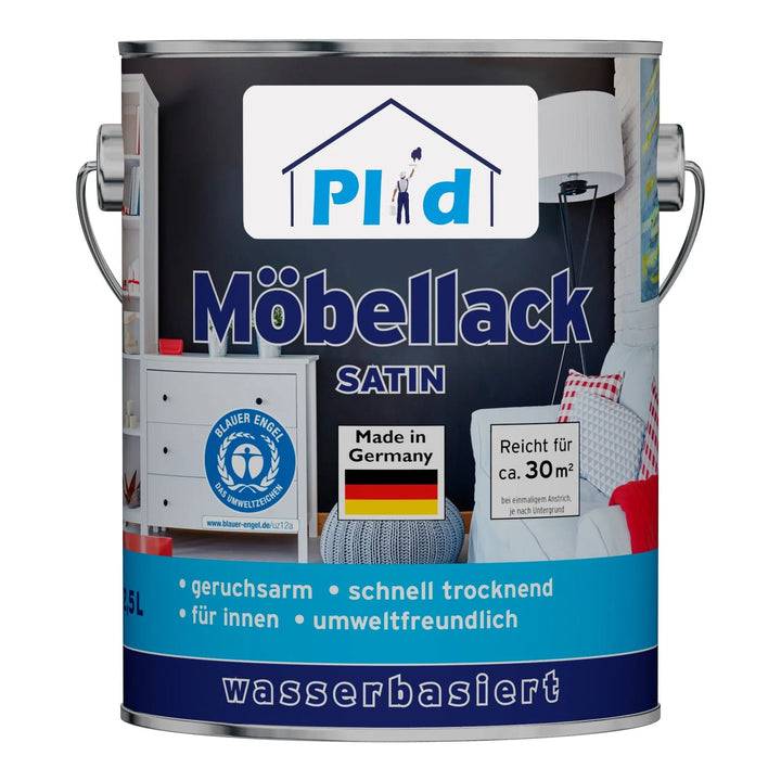 Eine Dose plid Plid Möbellack - kratzfest &amp; seidenmatt für Holz &amp; Innenbereiche mit blauem Etikett, deutschem Text und Symbolen, die zeigen, dass es wasserbasiert, geruchsarm, schnell trocknend, umweltfreundlich, kratz- und abriebfest und in Deutschland hergestellt ist.