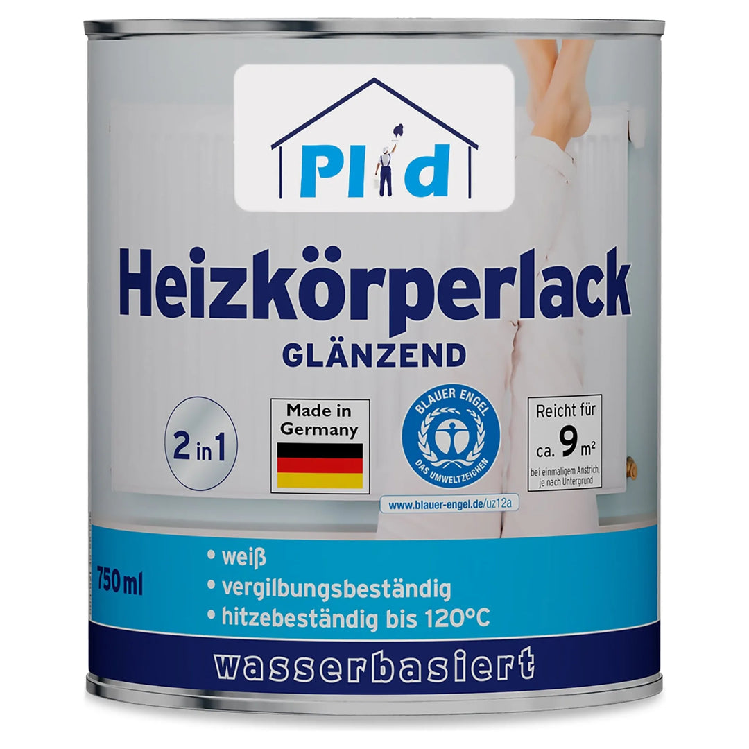 Eine 750 ml Dose plid Plid Heizkörperlack LF lösemittelfrei - hitzebeständig & geruchsarm, wasserbasierte glänzend weiße Heizkörperfarbe aus Deutschland, nicht vergilbend, deckt 9 m², hitzebeständig bis 120°C.