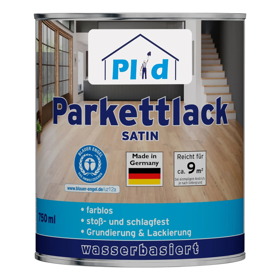 Eine 750ml Dose plid Treppen &amp; Parkettlack - schnell trocknend &amp; abriebfest, farblos und auf Wasserbasis für Holzoberflächen, mit deutschen Etiketten; "Made in Germany" Text und Flagge sind sichtbar.