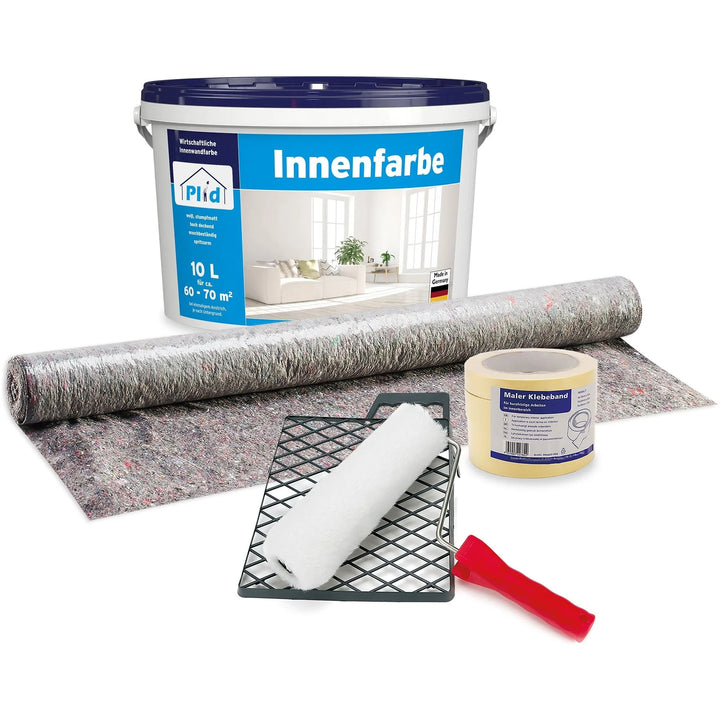 Das plid Plid Innenfarbe - hochdeckend, tropfarm &amp; geruchsarm Abdeckset beinhaltet einen großen Farbeimer, Rolle mit Ablage, Abdeckband, roten Spachtel und Bodenbelag - ideal für den emissionsfreien Innenanstrich.