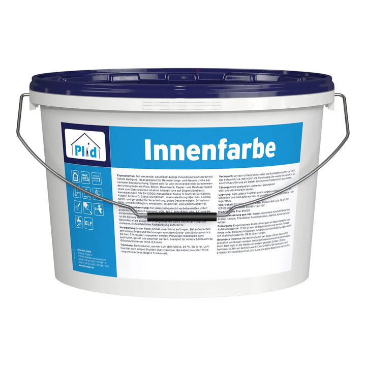Ein weißer Kunststoffeimer von plid Plid Innenfarbe - hochdeckend, tropfarm &amp; geruchsarm Abdeckset mit blauem Deckel, deutschem Etikett mit der Aufschrift Innenfarbe, Produktinformation, Symbolen und einem stabilen Metallgriff. Marke: plid.