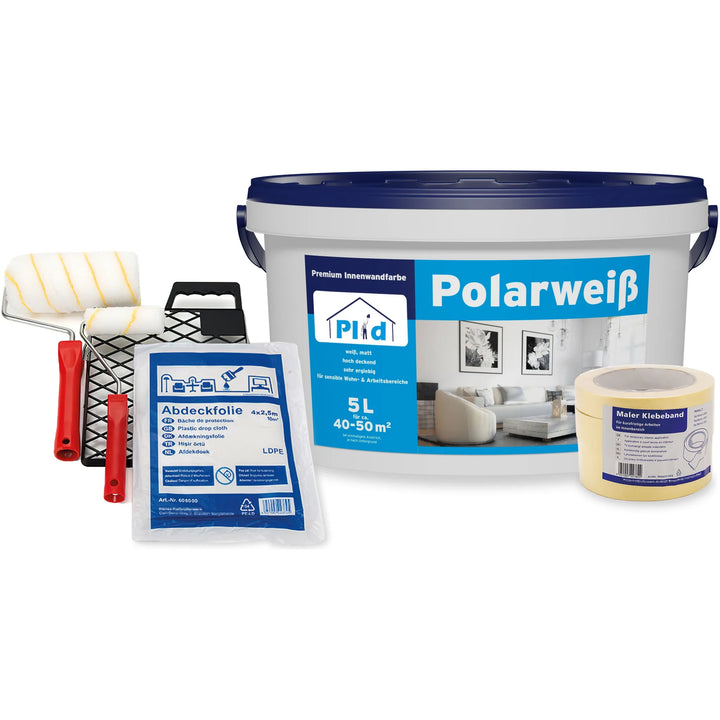 Plid Innenfarbe - Streichset: 5L Polarweiß für Wände &amp; Decken, inkl. Farbroller, Abstreifgitter, Farbschale, Abdeckfolie und Malerkrepp - alles für ein perfektes Streichergebnis.