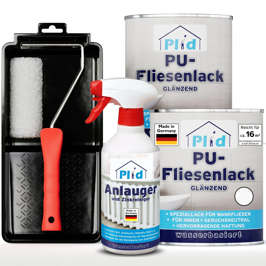 Abgebildet ist das plid PU-Fliesenlack Set mit Anlauger und Lackierset - eine Komplettlösung für die Renovierung von Bad &amp; Küche Fliesen und Wänden.