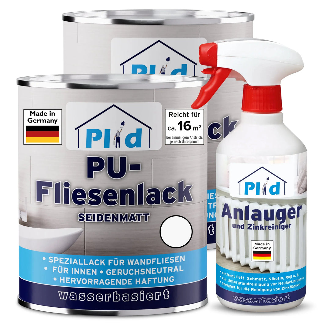 Der PU-Fliesenlack mit Anlauger von plid, in blau-weißer Verpackung mit Hauslogo und "Made in Germany"-Schriftzug, enthält zwei Farbdosen und eine Sprühflasche - ideal für die Renovierung von Bad- und Küchenfliesen.