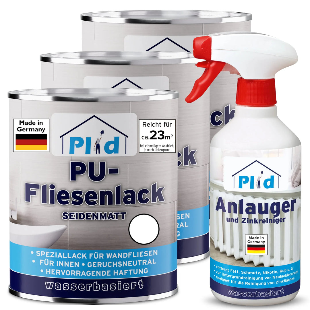 Drei Dosen PU-Fliesenlack mit Anlauger und eine Sprühflasche, alles von plid, Made in Germany. Geruchsneutral und auf Wasserbasis bieten sie beste Haftung auf Wandfliesen - ideal für die Renovierung von Bad- und Küchenfliesen.
