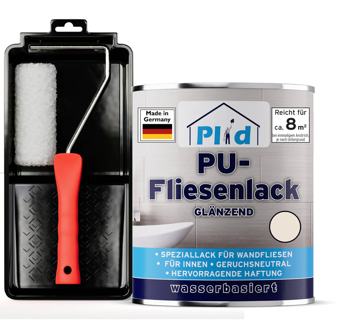 Ein PU-Fliesenlack-Set von plid, bestehend aus Farbroller mit rotem Griff, Schale und Fliesenlackdose - perfekt für die Renovierung von Bad- und Küchenfliesen. Wasserbasiert, geruchsneutral, made in Germany mit blauer und grauer Schrift auf Silber.
