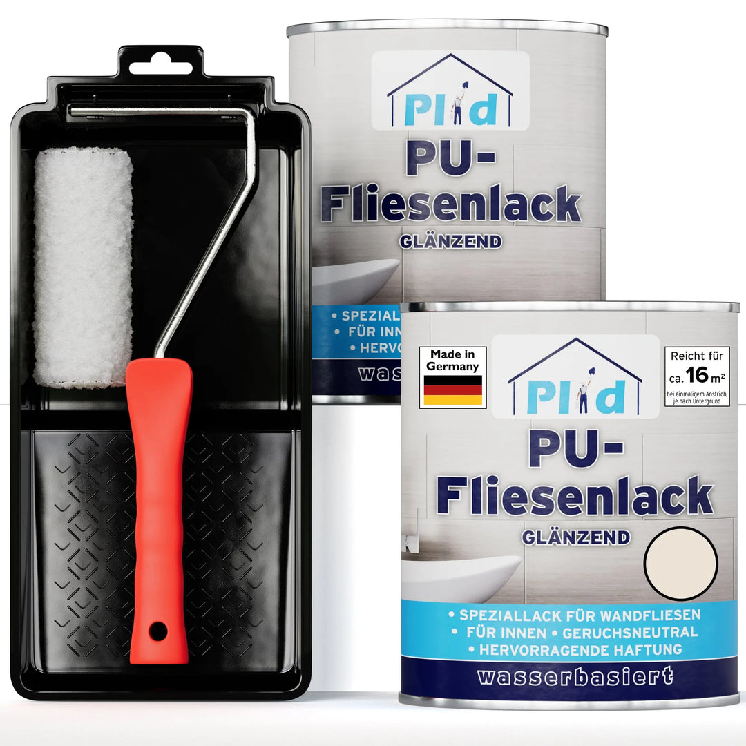 Das plid PU-Fliesenlack Lackierset enthält einen rotstieligen Farbroller, eine schwarze Schale und zwei Dosen Fliesenlack - ideal für die Renovierung von Bad- oder Küchenfliesen. Laut deutschem Etikett reicht es für ca. 16 m².