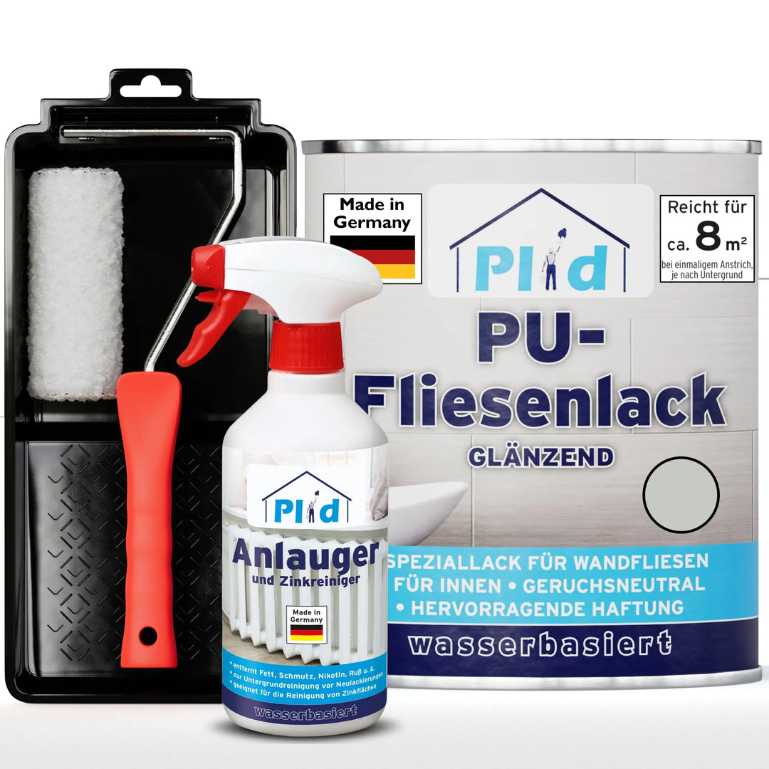 Das plid PU-Fliesenlack Set mit Anlauger und Lackierset zur Renovierung von Bad- und Küchenfliesen enthält einen Farbroller mit Ablage, eine Sprühflasche Anlauger und eine große Dose glänzender Fliesenlack - alles in deutscher Sprache beschriftet.