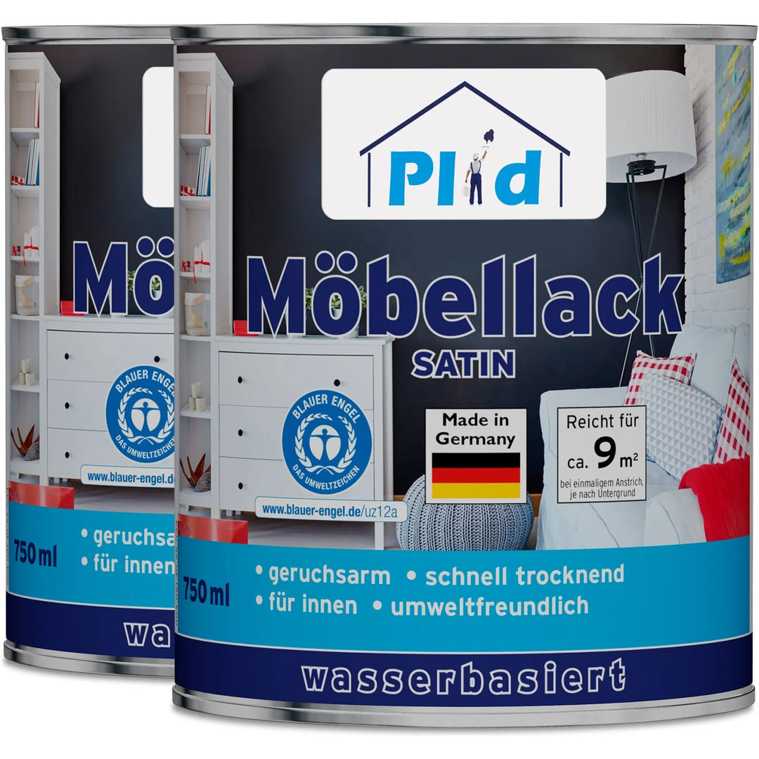 Zwei Dosen plid Möbellack - kratzfest &amp; seidenmatt für Holz &amp; Innenbereiche, je 750 ml, wasserbasiert, geruchsarm, schnell trocknend, umweltfreundlich und made in Germany. Im Hintergrund ein modernes Zimmer mit weißen Möbeln.