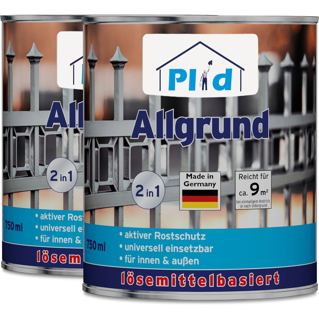 Abgebildet sind zwei Dosen plid Allgrund - Universal-Haftgrund für Metall, Holz &amp; Kunststoff, je 750 ml Dose für 9 m² mit Haftgrund und Korrosionsschutzgrundierung. Die Etiketten heben deutsche Produktangaben und "Made in Germany" hervor.