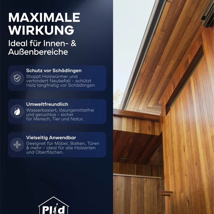 Die moderne Holzfassade mit Decke und Wand trägt einen deutschen Text über plid Holzwurm Schreck - Anstreichset: schützt vor Schädlingen, umweltfreundlich und ideal für den vielseitigen Einsatz auf Holzoberflächen im Innen- und Außenbereich.