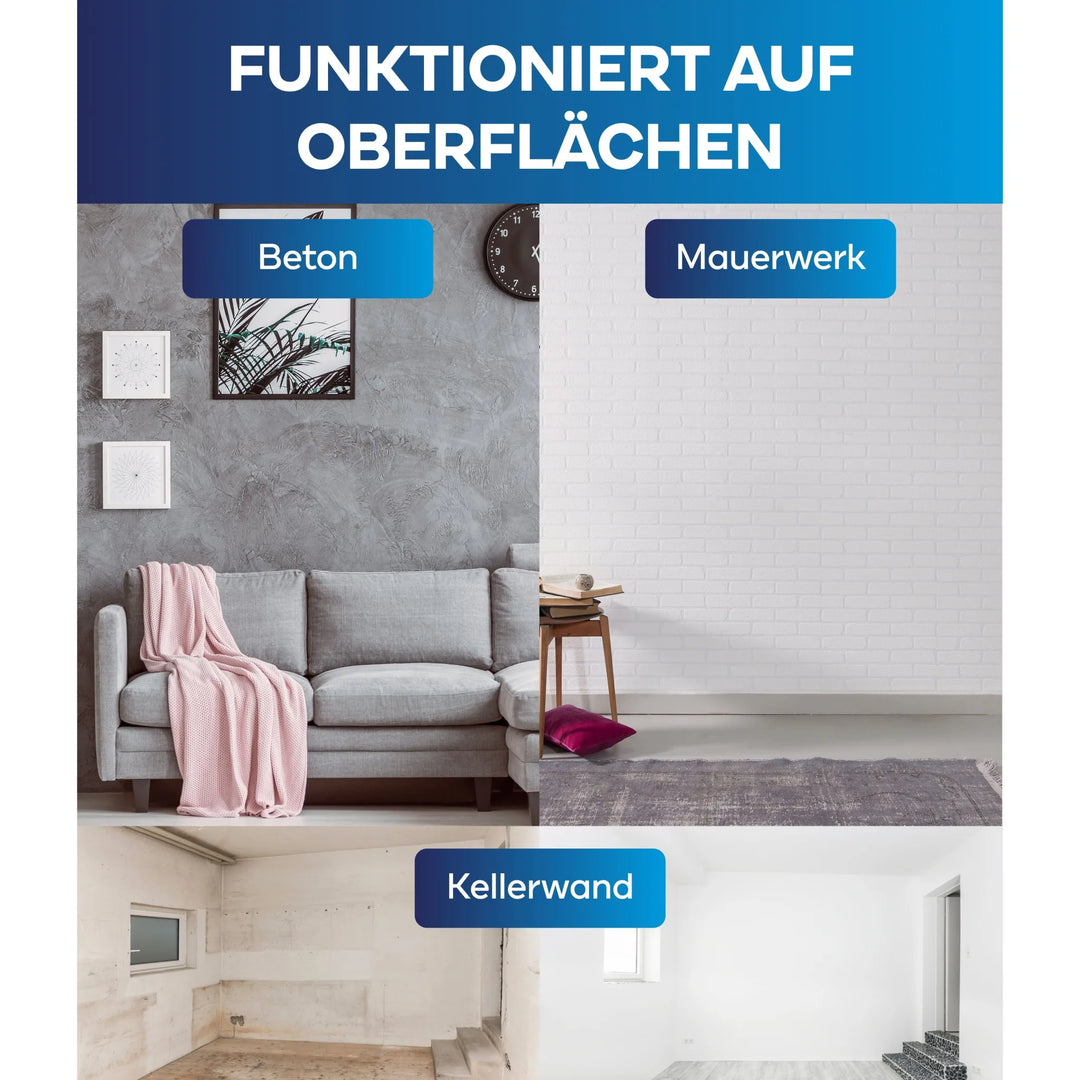 Vier Bilder zeigen Wandflächen, die sich für das plid Fassadenfarbe - Anstreichset eignen: eine Betonwand, Putz- und Betonflächen, eine Ziegelwand mit Dekor, eine Kellerwand und eine schlichte weiße Wand. Textbeschriftungen: Beton, Mauerwerk, Kellerwand.