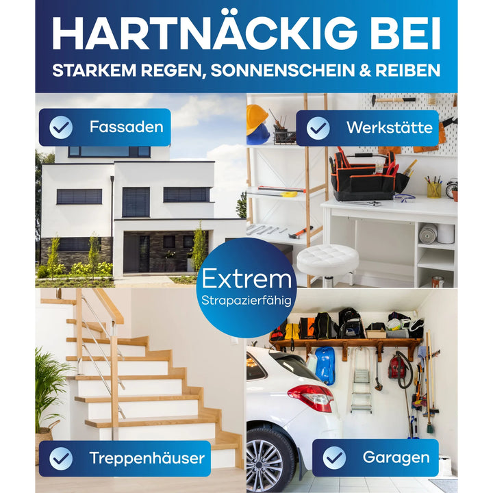 Vier beschriftete Fotos zeigen Hausbereiche - Fassade, Werkstatt, Treppe und Garage - und verdeutlichen, wie plid Fassadenfarbe - Anstreichset die Wände vor Regen, Sonne und Abnutzung schützt. Blaue und weiße Farben vervollständigen den Stil.