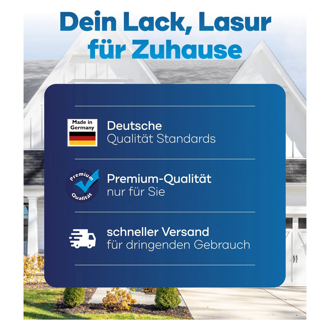 Eine Grafik vor einem Haus wirbt für das Fassadenfarbe - Anstreichset - Abdeckvlies von plid, das sich durch deutsche Qualität, hochwertige Materialien und schnellen Versand auszeichnet. Jedes Merkmal wird mit Icons auf blauem Hintergrund dargestellt.