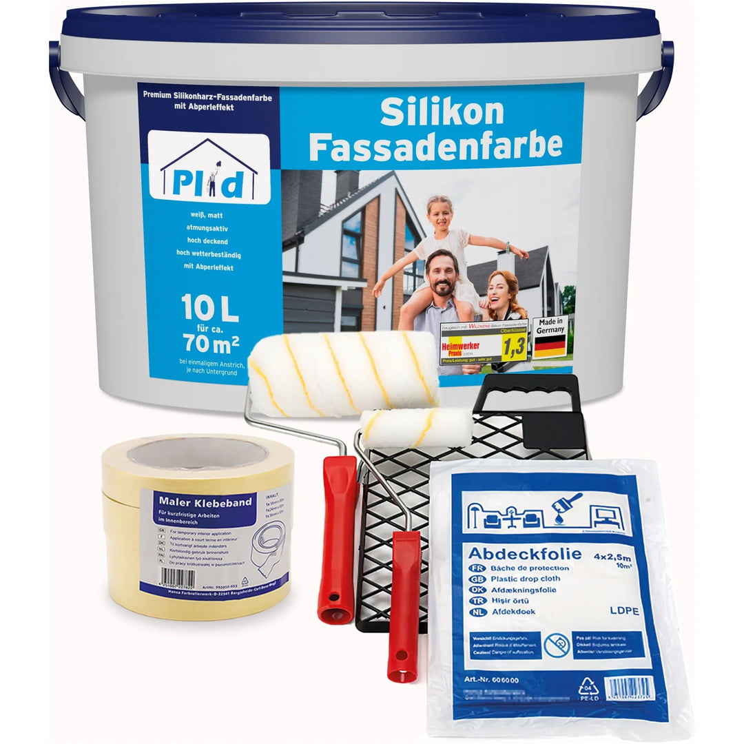 Das plid Silikon Fassadenfarbe Anstreichset enthält einen 10L Eimer wetterbeständiger Silikonharz Fassadenfarbe, zwei Rollen mit Griffen, eine Farbwanne, Abdeckband und Schutzfolie.