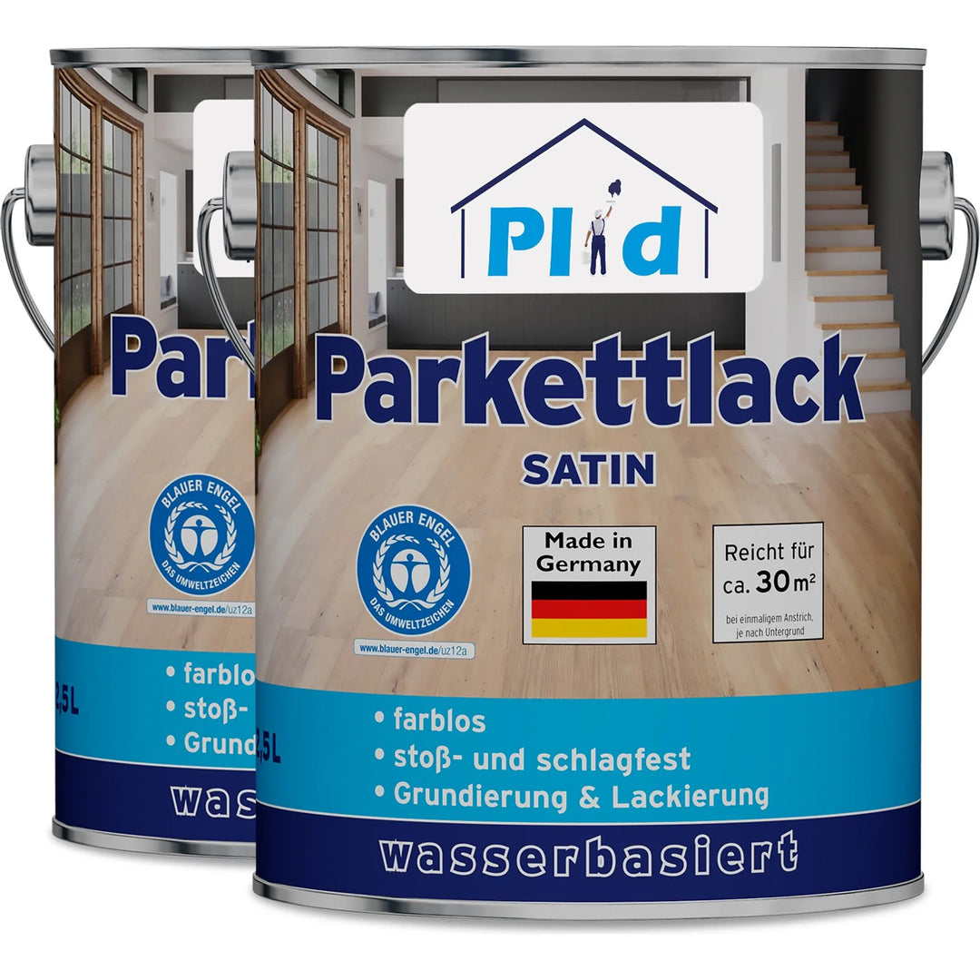 Zwei Dosen plid Treppen &amp; Parkettlack - schnell trocknend &amp; abriebfest mit blau-weißem Etikett, auf dem ein modernes Zimmer, die deutsche Flagge und Anwendungshinweise in deutscher Sprache abgebildet sind. Diese wasserbasierten Lacke sorgen für eine starke Holzversiegelung für Böden.