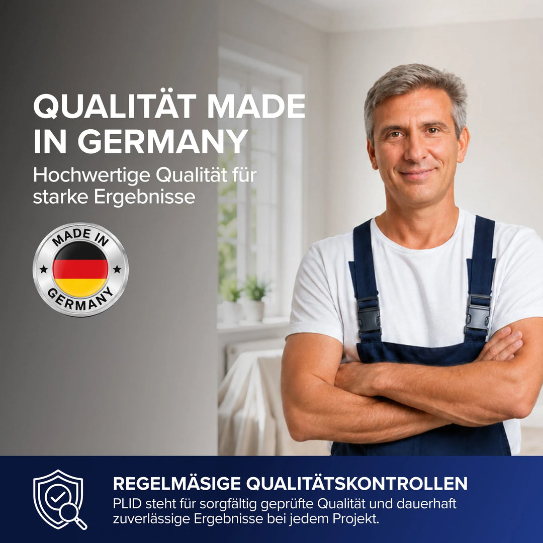 Qualität Made in Germany - Hochwertige Qualität für starke Ergebnisse: Ein lächelnder Mann in blauer Latzhose steht mit verschränkten Armen vor einer hellen Wand, daneben ein Made-in-Germany-Siegel. Unten der Hinweis auf regelmäßige Qualitätskontrollen.