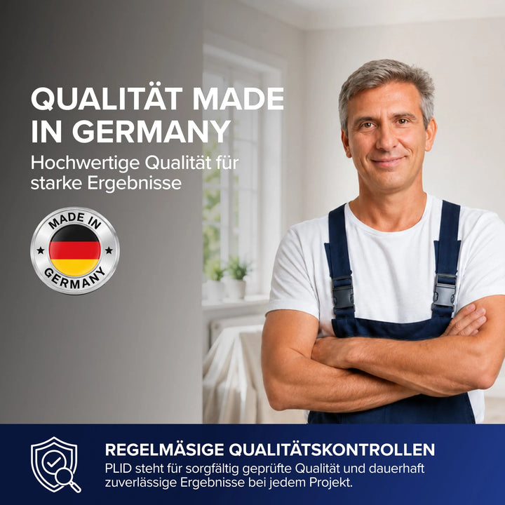 Qualität Made in Germany - Hochwertige Qualität für starke Ergebnisse: Ein lächelnder Mann in blauer Latzhose steht mit verschränkten Armen vor einer hellen Wand, daneben ein Made-in-Germany-Siegel. Unten der Hinweis auf regelmäßige Qualitätskontrollen.